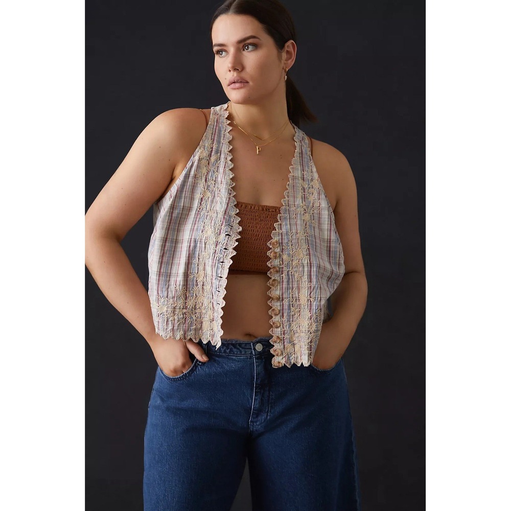 Anthropologie Plaid Button Front Vest Embroidered Scallop Size‎ 14 Western Boho